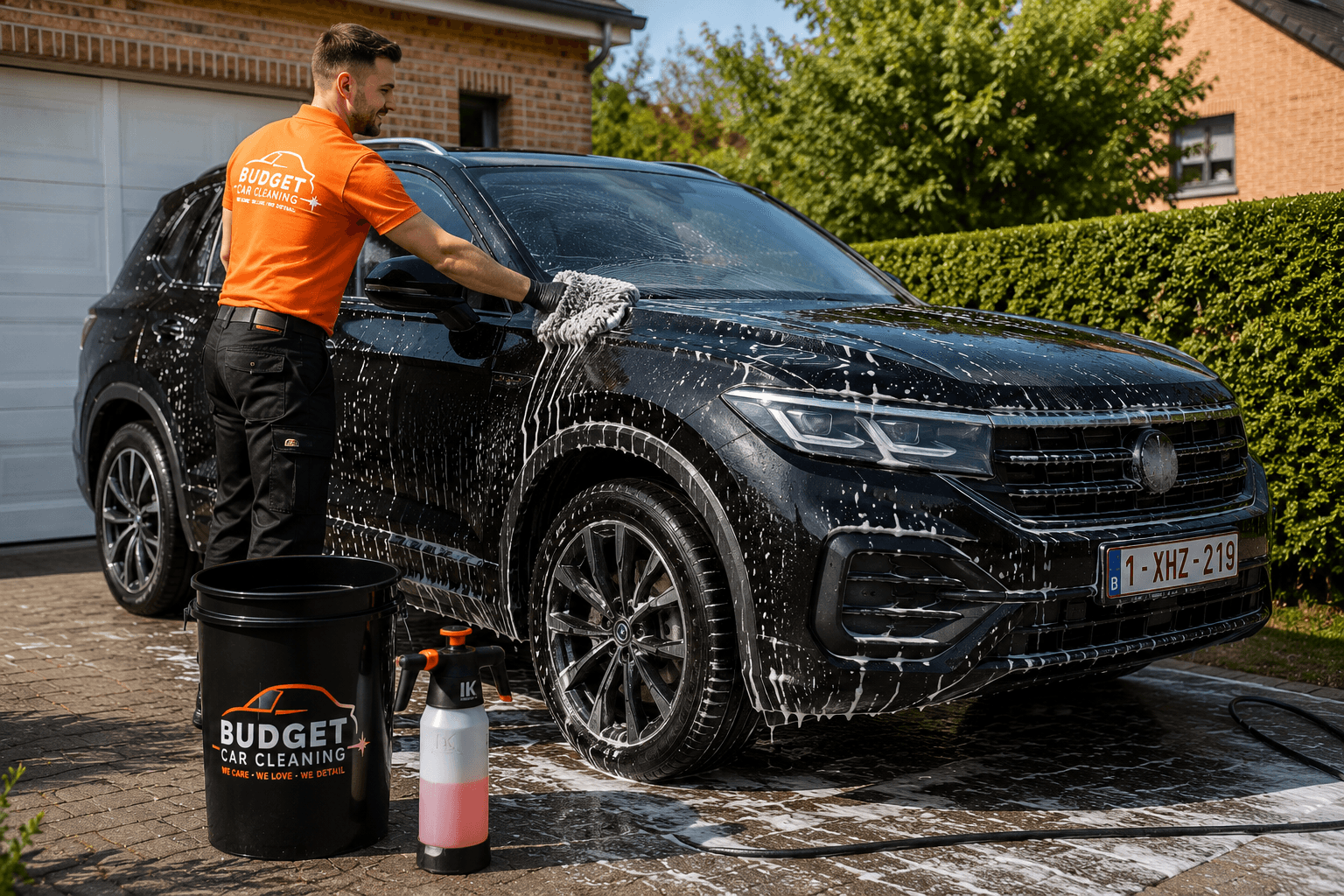 Medewerker wast auto op de oprit van een klant — volledig uitgerust met professioneel materiaal