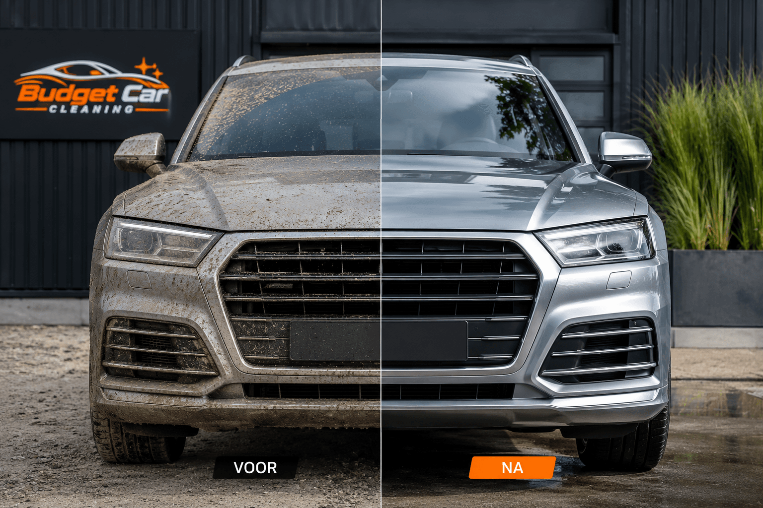 Voor en na vergelijking van een volledige combo reiniging — links vuil, rechts spiegelglans